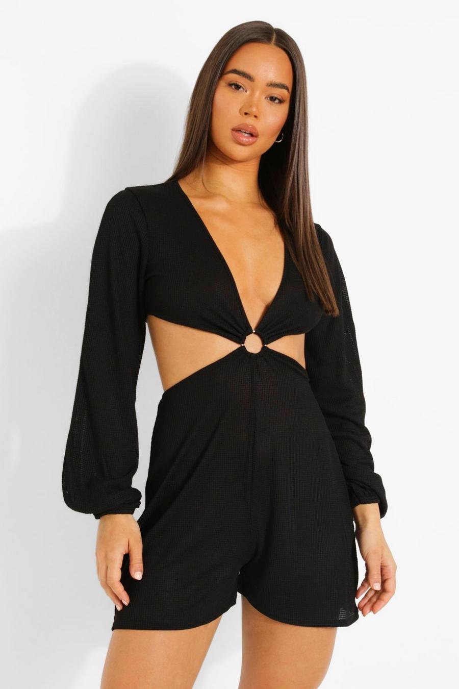 Black Long Sleeve Plunge Cut Out Playsuit image number 1