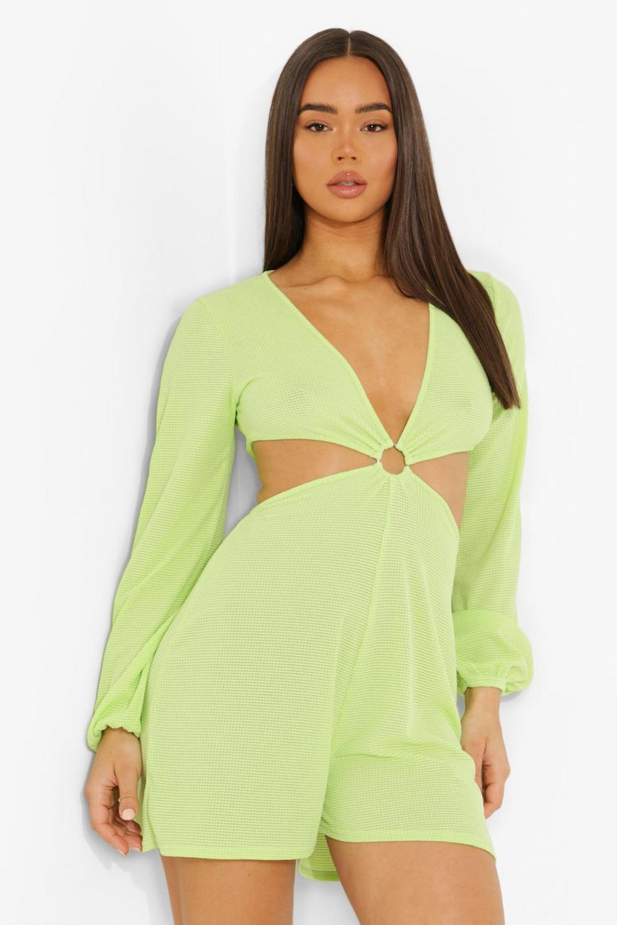 Lime Long Sleeve Plunge Cut Out Playsuit image number 1