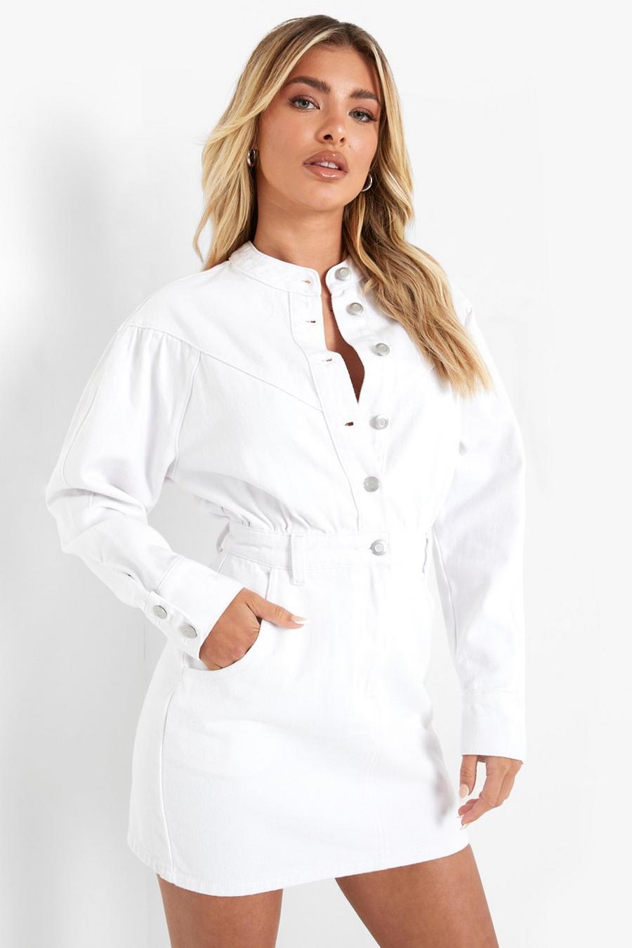 White Long Sleeved Button Front Denim Dress