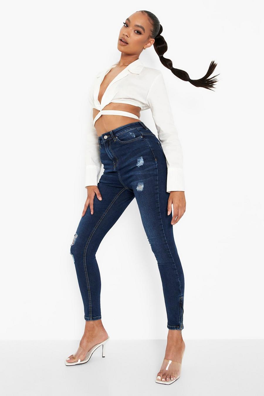 אינדיגו דהוי סקיני ג'ינס עם קרעים ורוכסן בקרסוליים image number 1