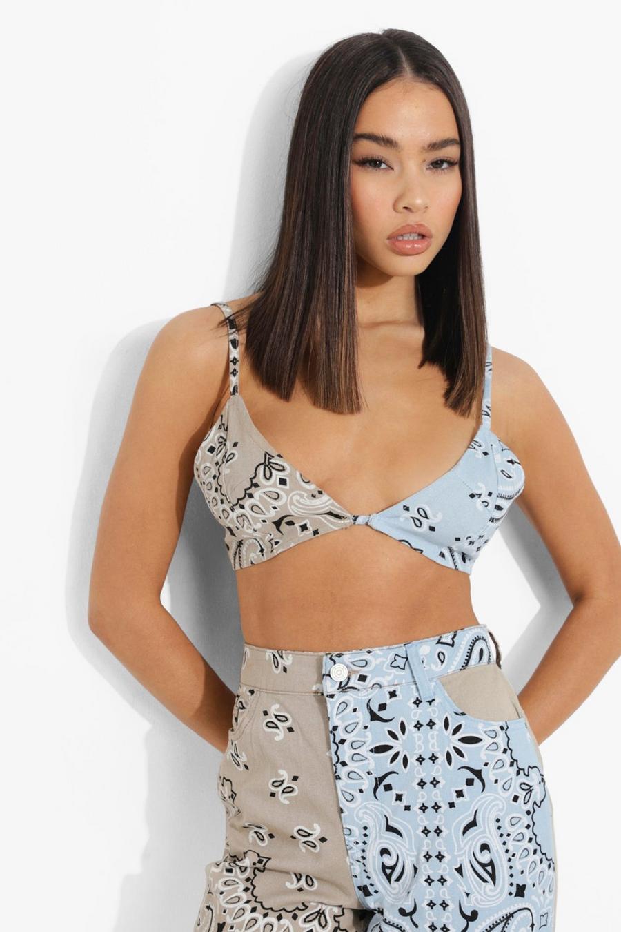 Top a bralette a fascia in denim effetto patchwork, Taupe beis image number 1