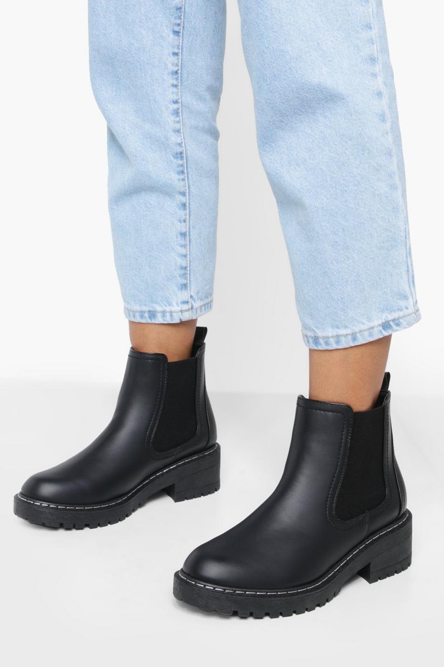 Black Wide Width Contrast Stitch Chelsea Boots