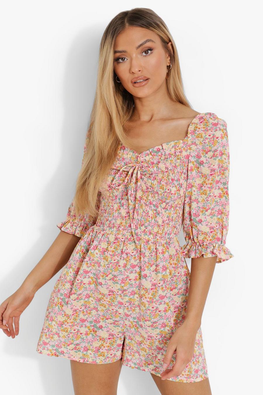Yellow Floral Shirred Bust Puff Sleeve Playsuit image number 1