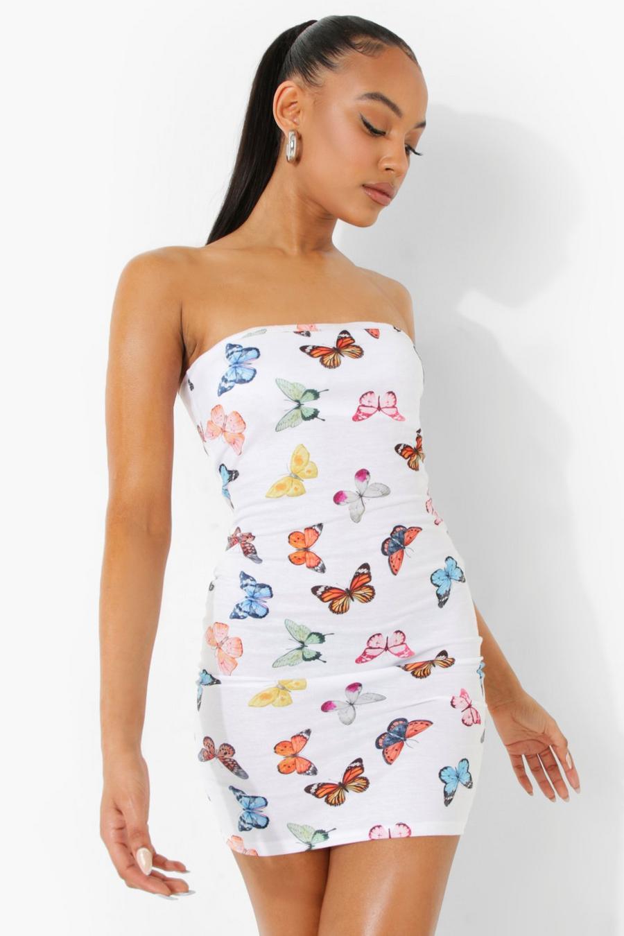 White Butterfly Print Bandeau Mini Dress image number 1