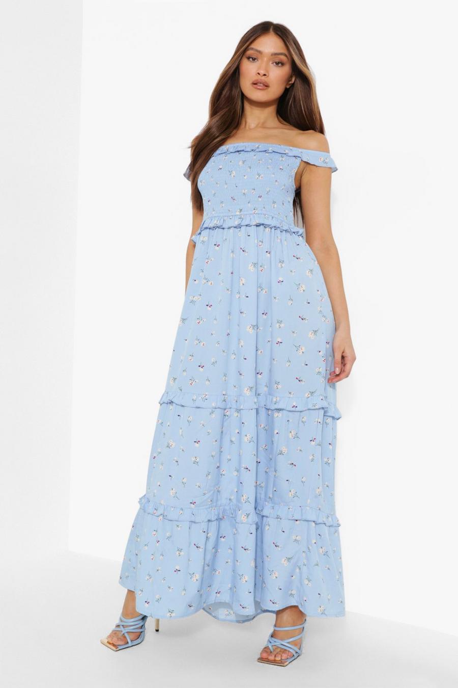 Dusty blue Floral Print Shirred Off The Shoulder Maxi Dress image number 1