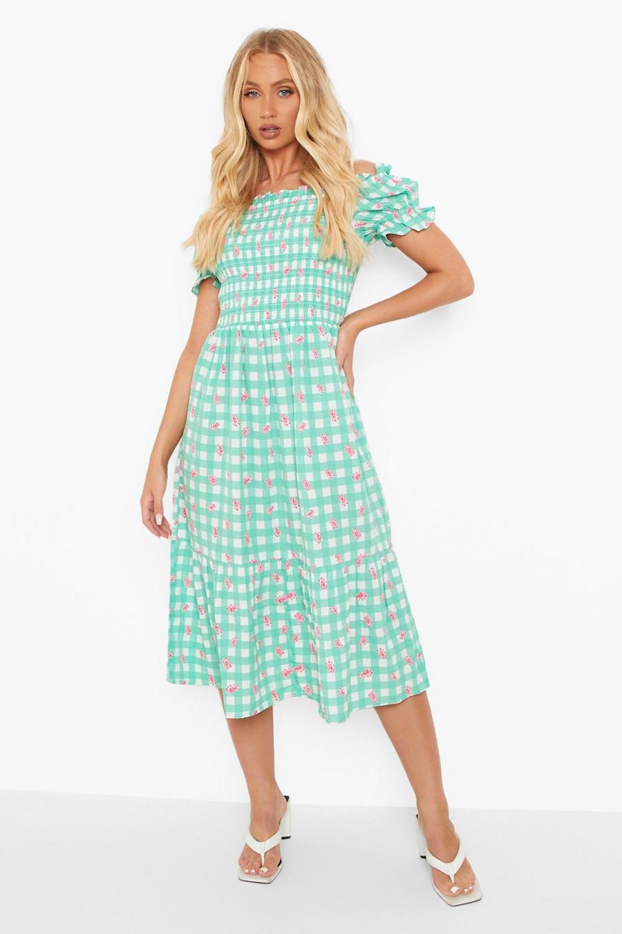 Green Mixed Gingham Print Off The Shoulder Maxi Dress image number 1