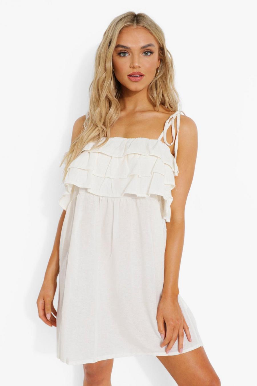 White Linen Ruffle Strappy Shift Dress image number 1
