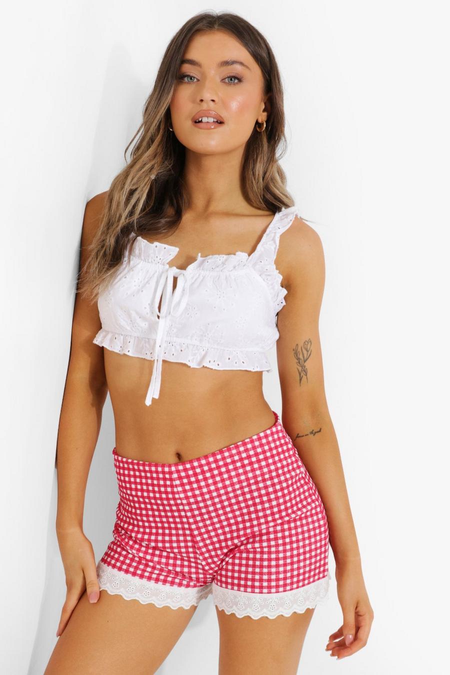 Red Gingham Broderie Trim Hot Pants image number 1