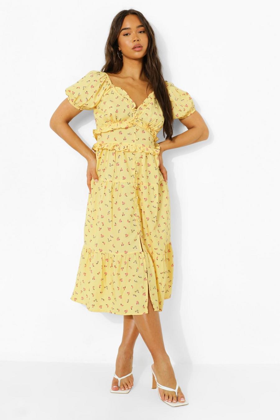 Yellow Ditsy Floral Ruffle Detail Midi Dress