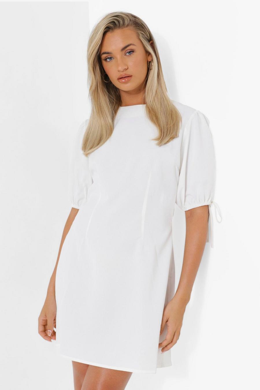 White Cotton Color Puff Sleeve Shift Dress image number 1