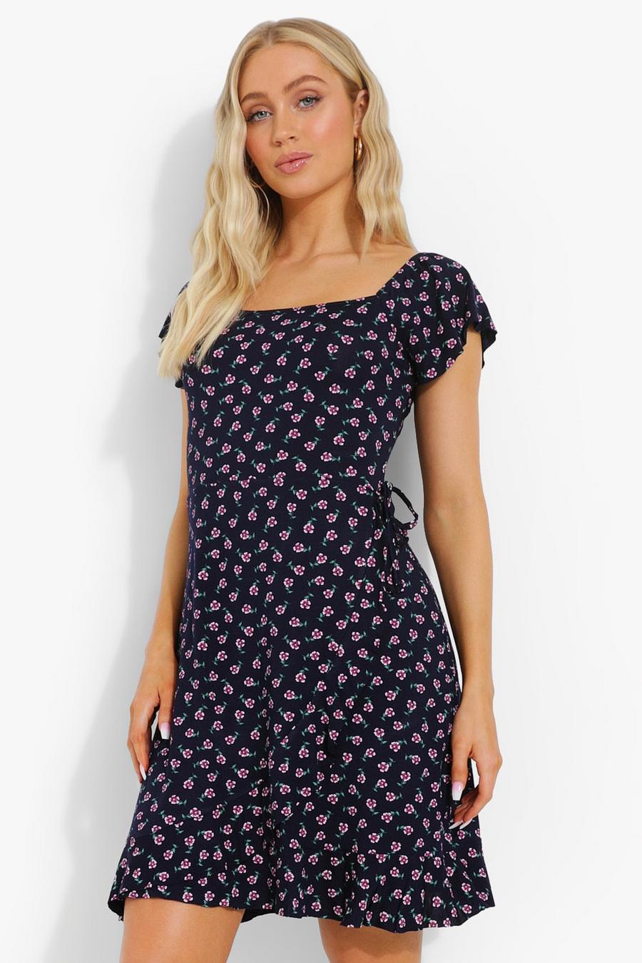 Navy Ditsy Floral Ruffle Skater Dress image number 1