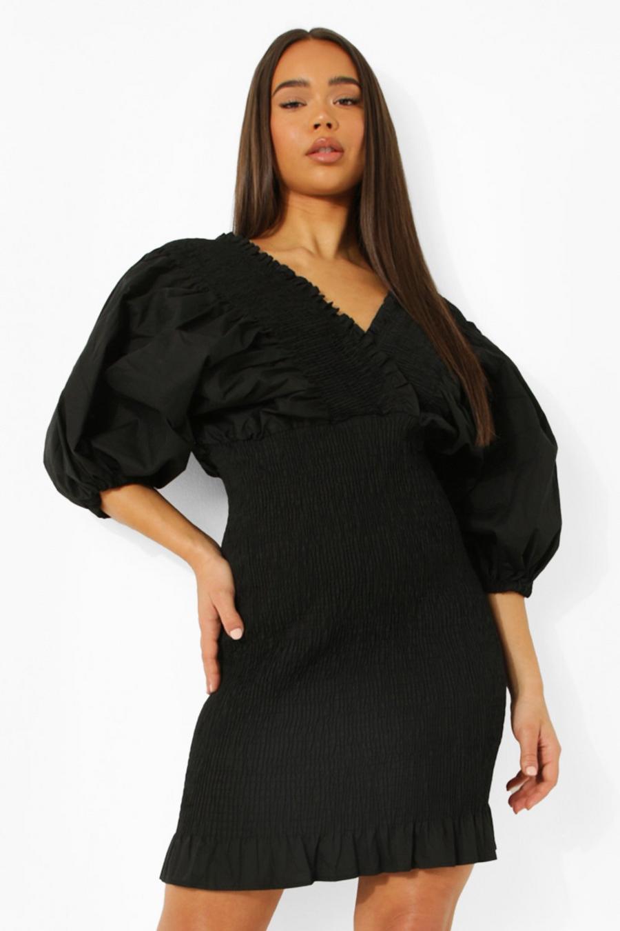 Black Extreme Puff Sleeve Shirred Body Mini Dress image number 1