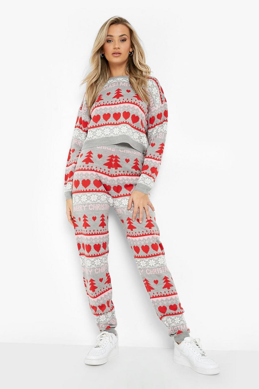 Grey Fairisle Crop Christmas Knitted Co-ord image number 1