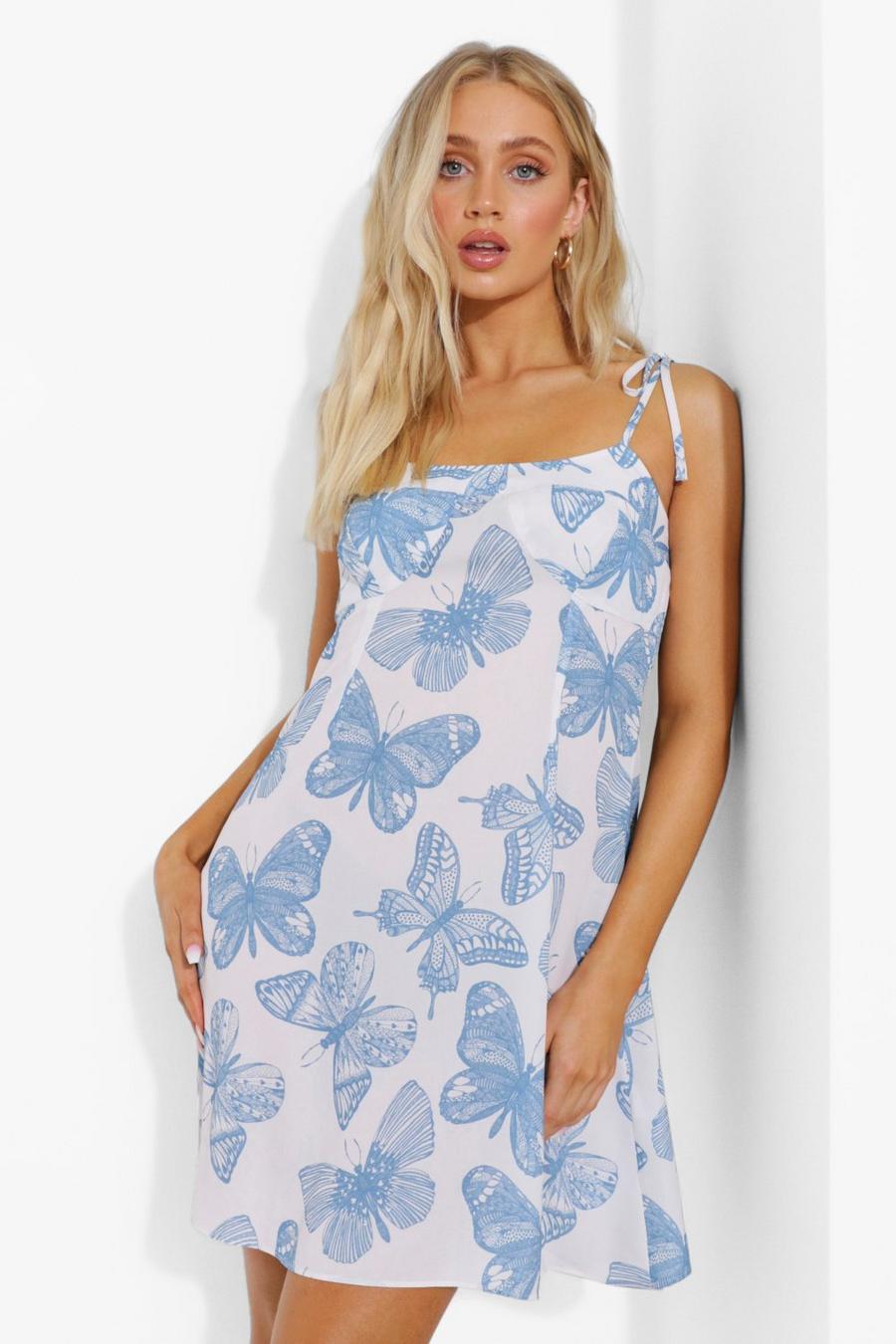 Smok-Kleid mit Schmetterlings-Print und geschnürten Trägern, Blue image number 1