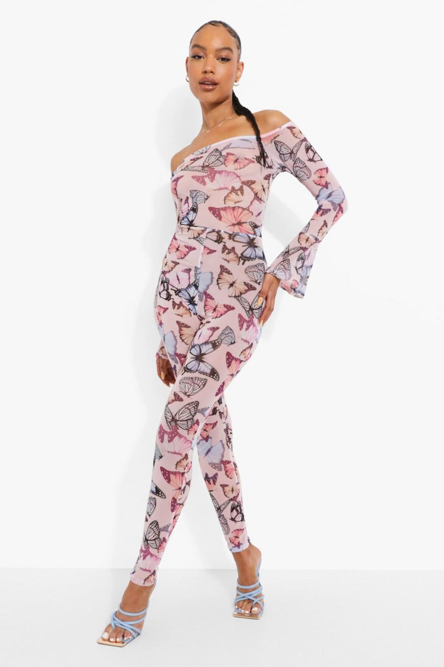 Pink Butterfly Print Frill Sleeve Unitard Jumpsuit image number 1