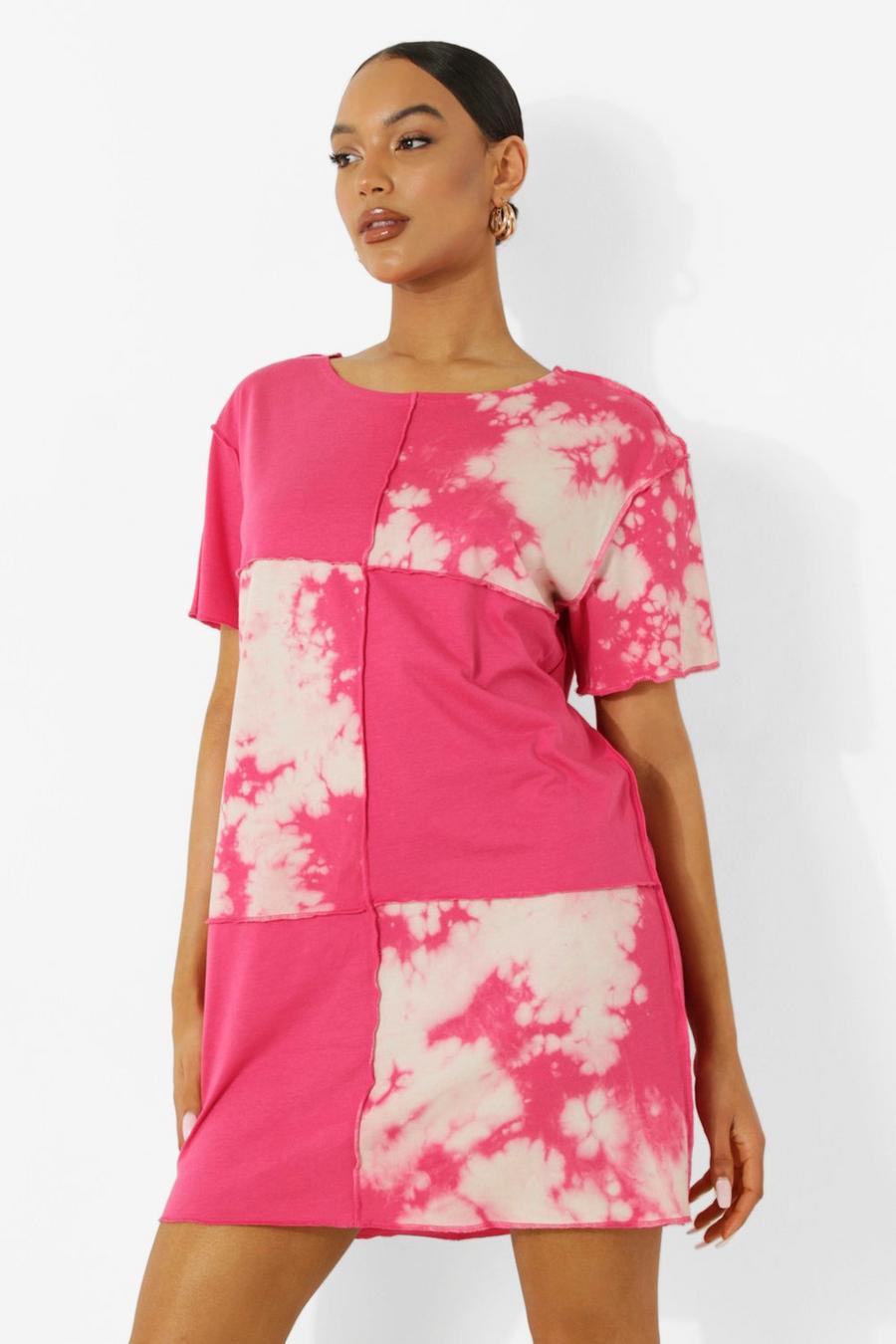 Vestito T-shirt a blocchi di colore con cuciture decorative, Hot pink image number 1