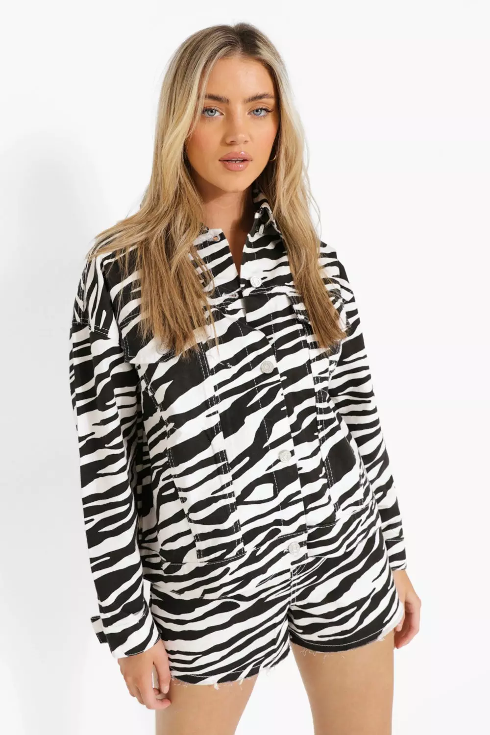 White Zebra Print Oversized Denim Jacket alternative image