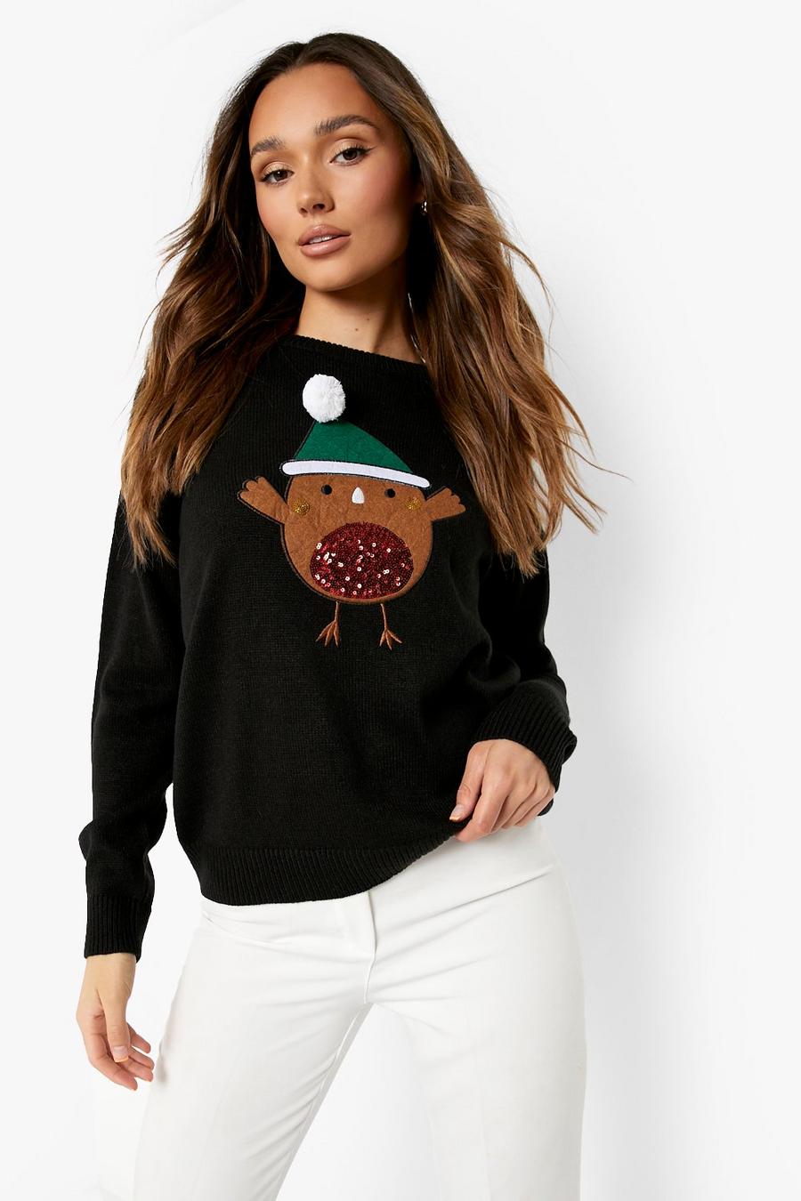 Black Pom Pom Sequin Robin Christmas Sweater image number 1