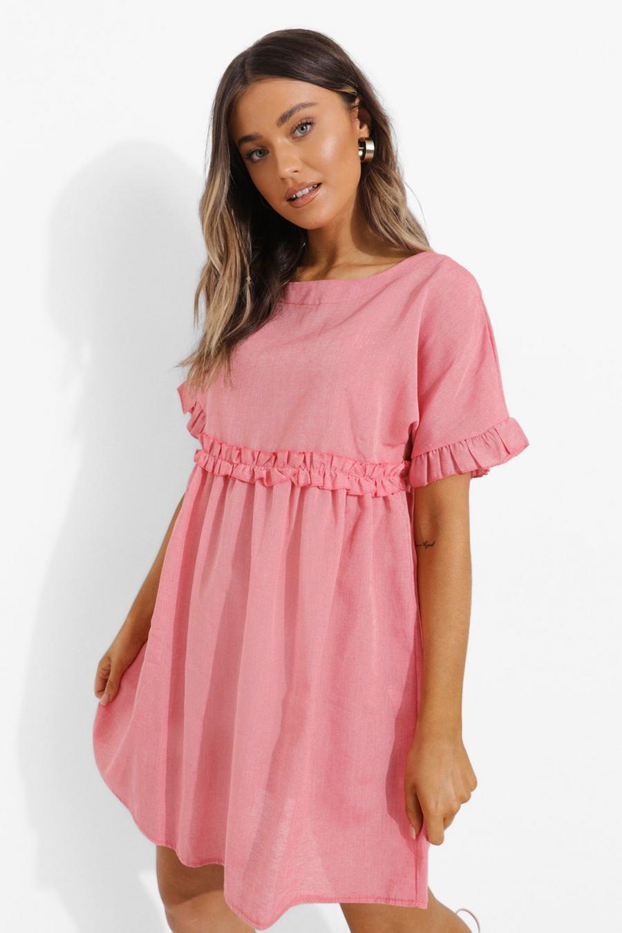 Coral Linen Look Ruffle Smock Dress image number 1