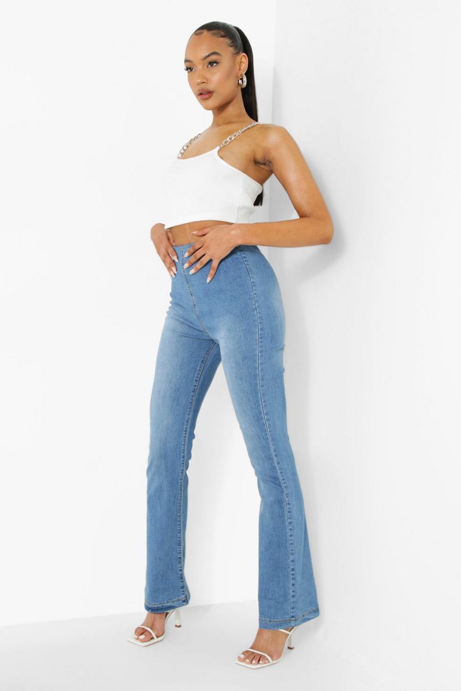 כחול ביניים טייץ ג'ינס high waist מתרחב ללא כפתורים ורוכסן image number 1