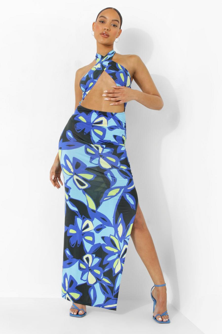 Blue Abstract Print Halterneck Cut Out Maxi Dress image number 1