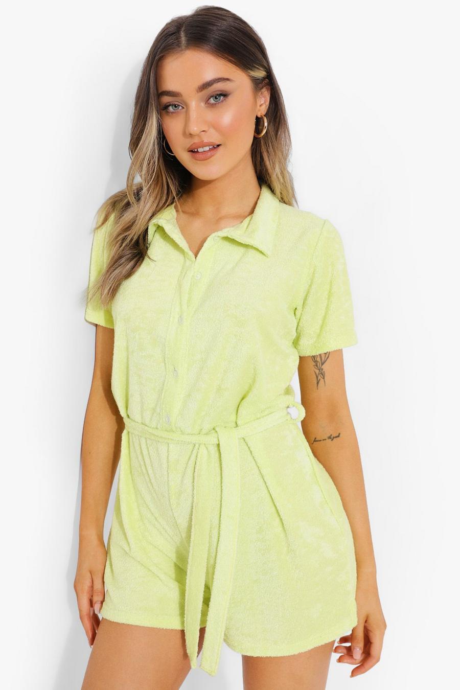 Washed lime Towelling Short Sleeve Belted Playsuit image number 1