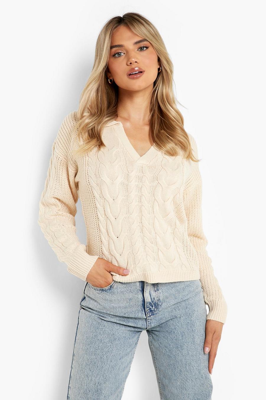 Cream Cable Knit Grandad Collar Sweater image number 1