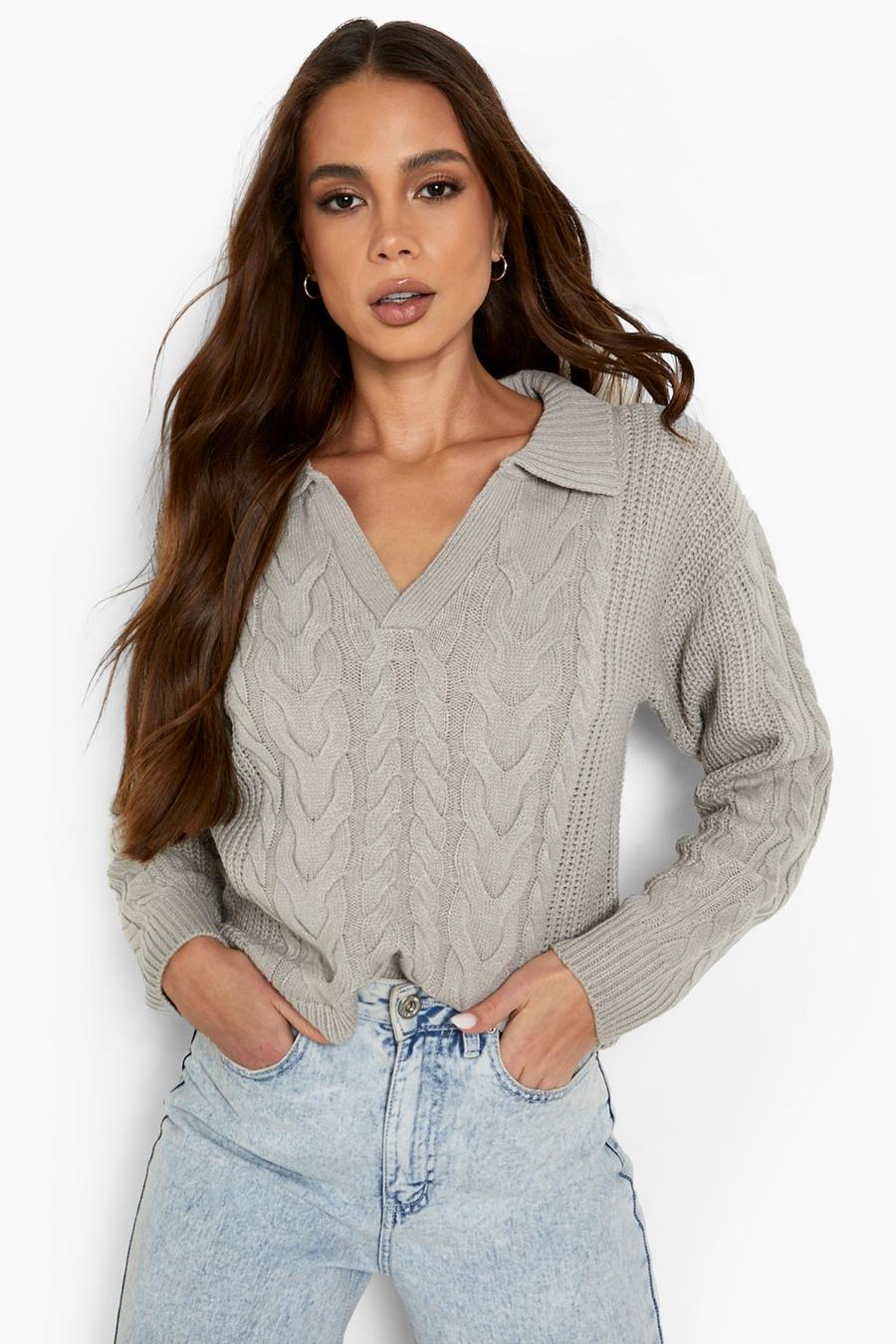 Grey Cable Knit Grandad Collar Sweater