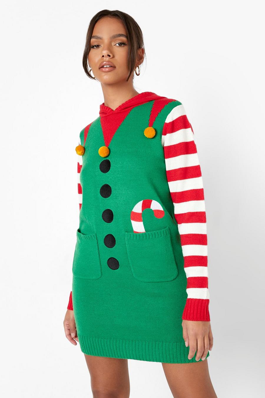 Green Pom Pom Elf Christmas Sweater Dress image number 1