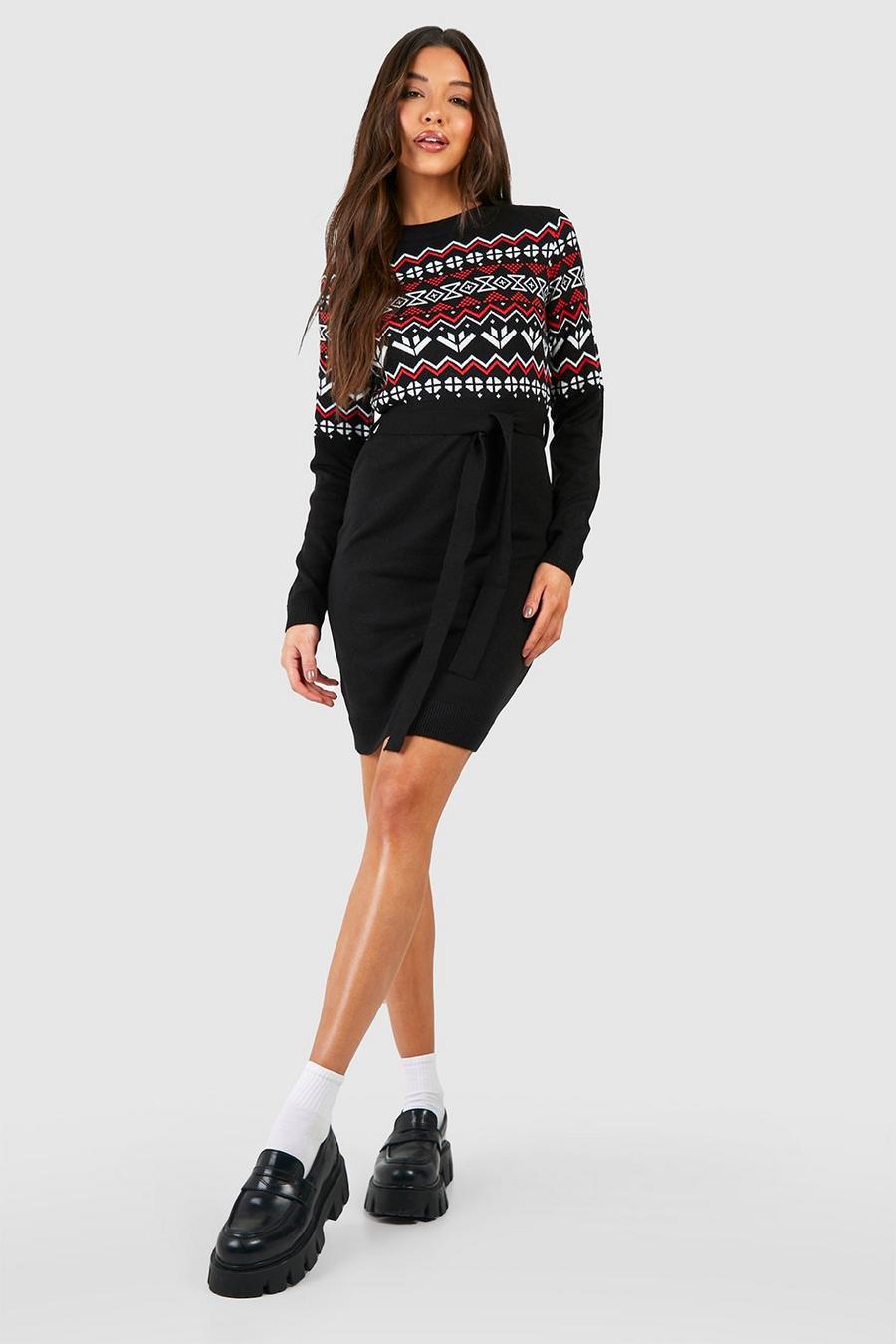 Black שמלת סוודר לחג המולד עם דוגמה בסגנון פייר אייל וחגורה image number 1