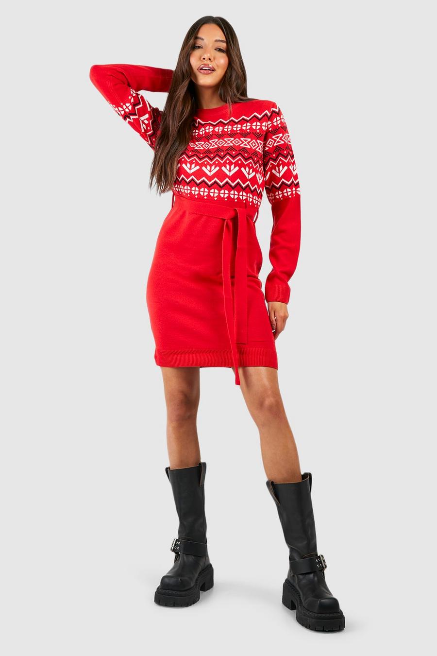 Red שמלת סוודר לחג המולד עם דוגמה בסגנון פייר אייל וחגורה image number 1