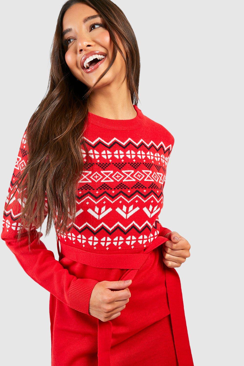 Robe pull de Noel a ceinture et motif jacquard boohoo FR