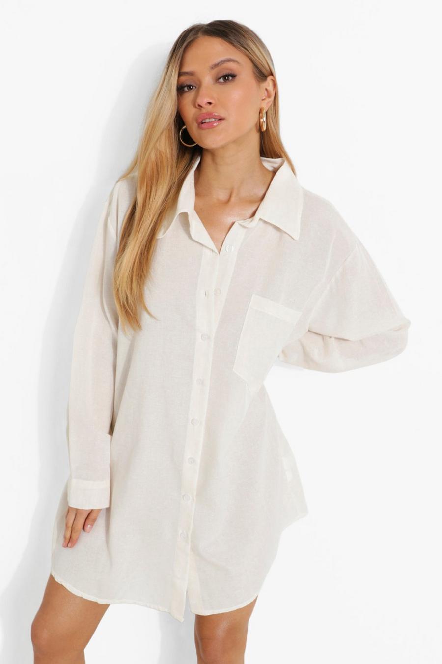 White Linen Look Oversized Shirt Dress image number 1