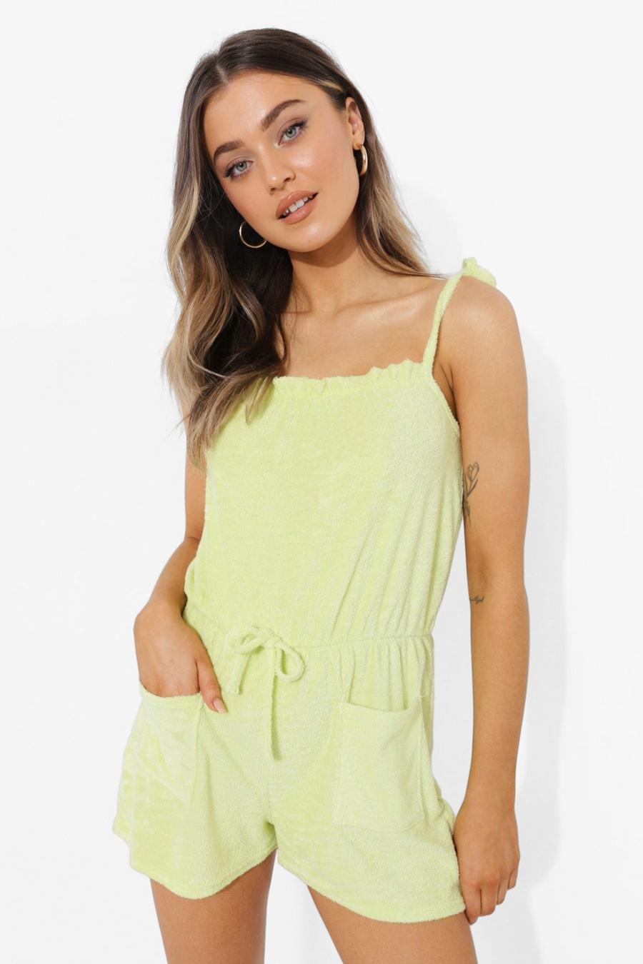Washed lime Toweling Strappy Tie Waist Playsuit image number 1