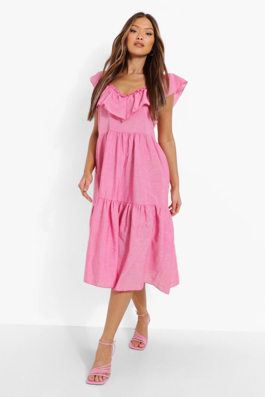 Pink Lien Look V Neck Ruffle Midi Dress image number 1