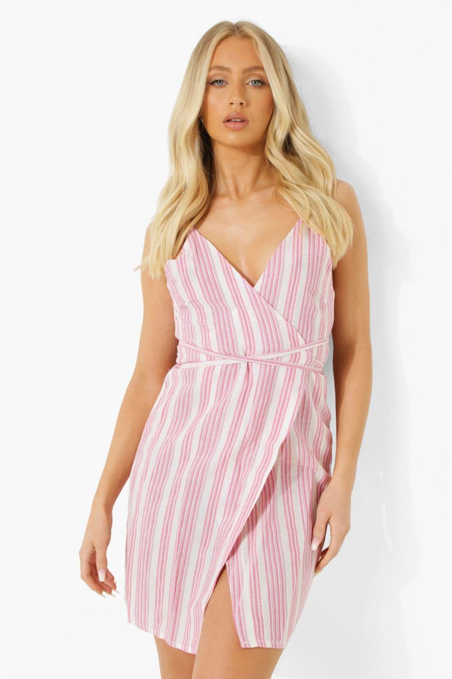 Pink Stripe Wrap Strappy Mini Dress image number 1