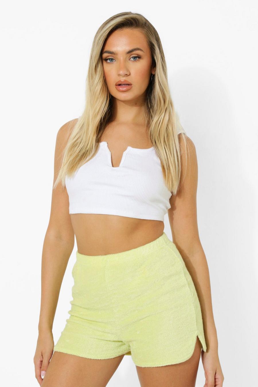 Washed lime yellow Toweling Curved Hem Runner Shorts image number 1