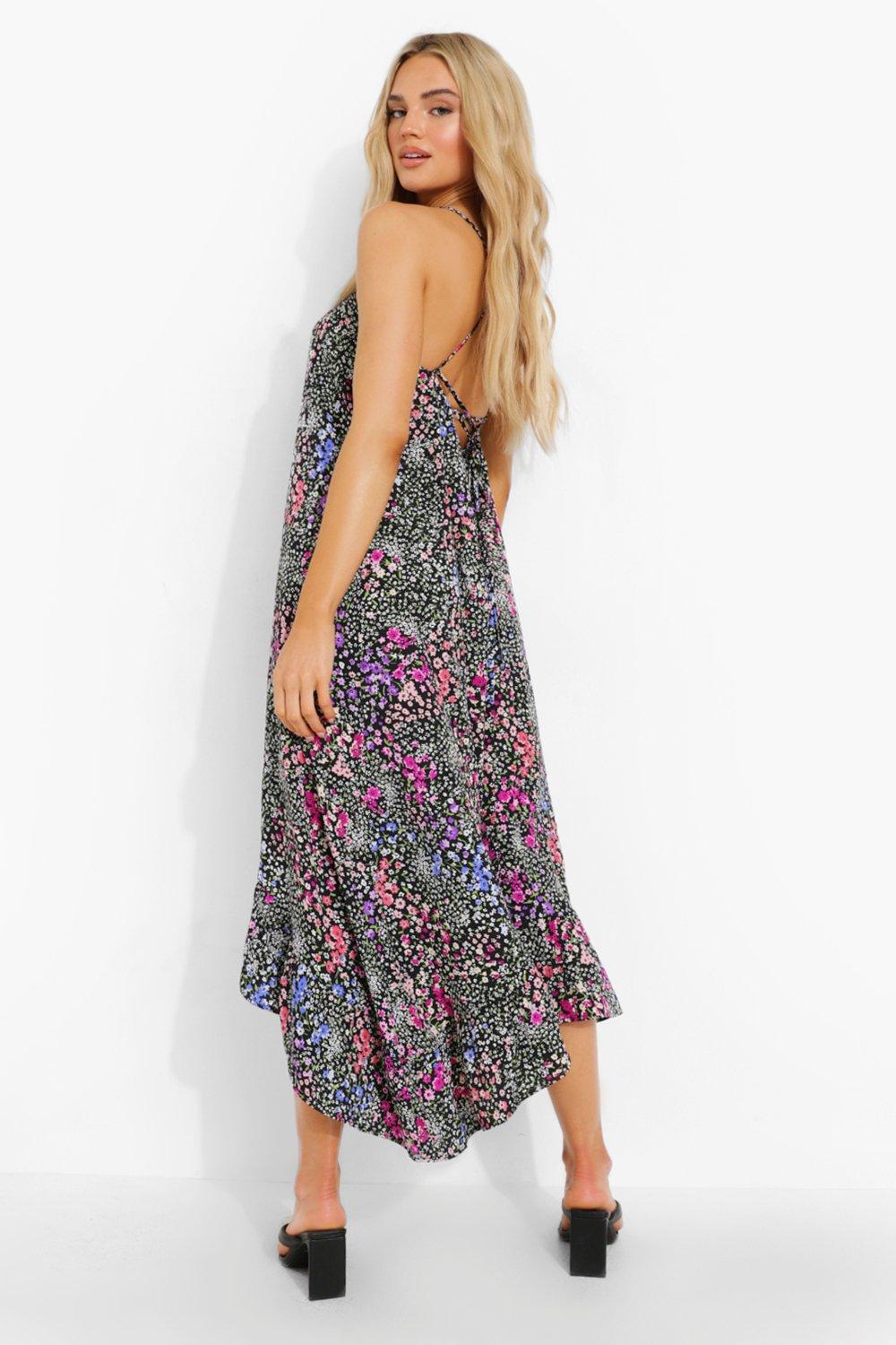 pink floral asymmetric hem midi dress