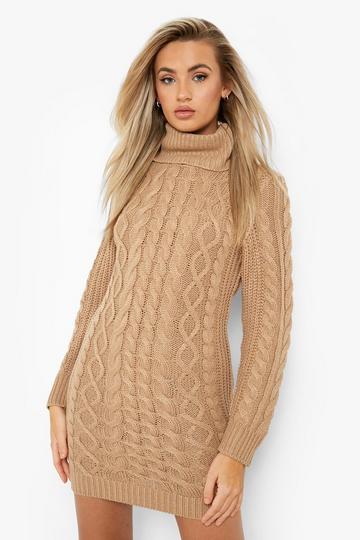 Chunky Cable Turtleneck Sweater Dress camel