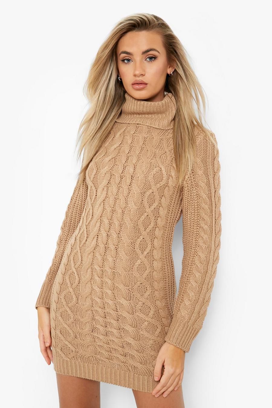 Camel Chunky Cable Roll Neck Jumper Dress image number 1