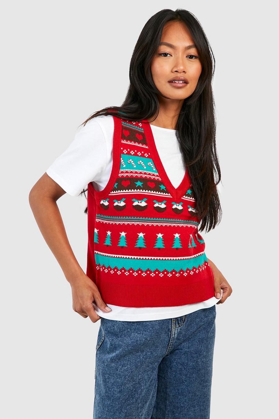 Red סוודר לחג המולד בסגנון פייר אייל עם עיטור אייל הצפון ופונפון image number 1