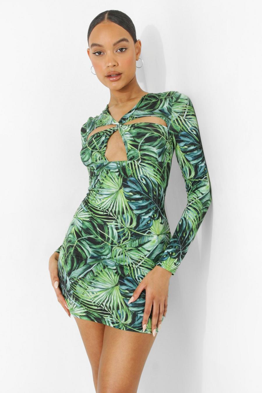 Green Palm Print Twist Cut Out Mini Dress image number 1