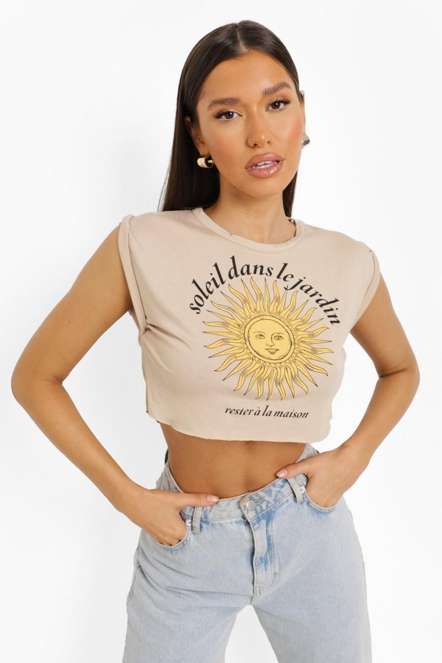 Beige Sun Print Rolled Sleeve Boxy Crop Top image number 1