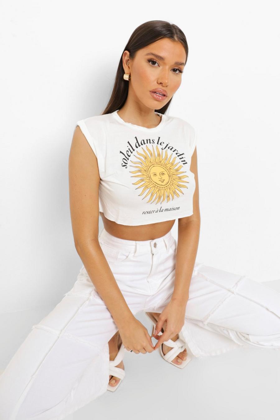 White Sun Print Rolled Sleeve Boxy Crop Top image number 1