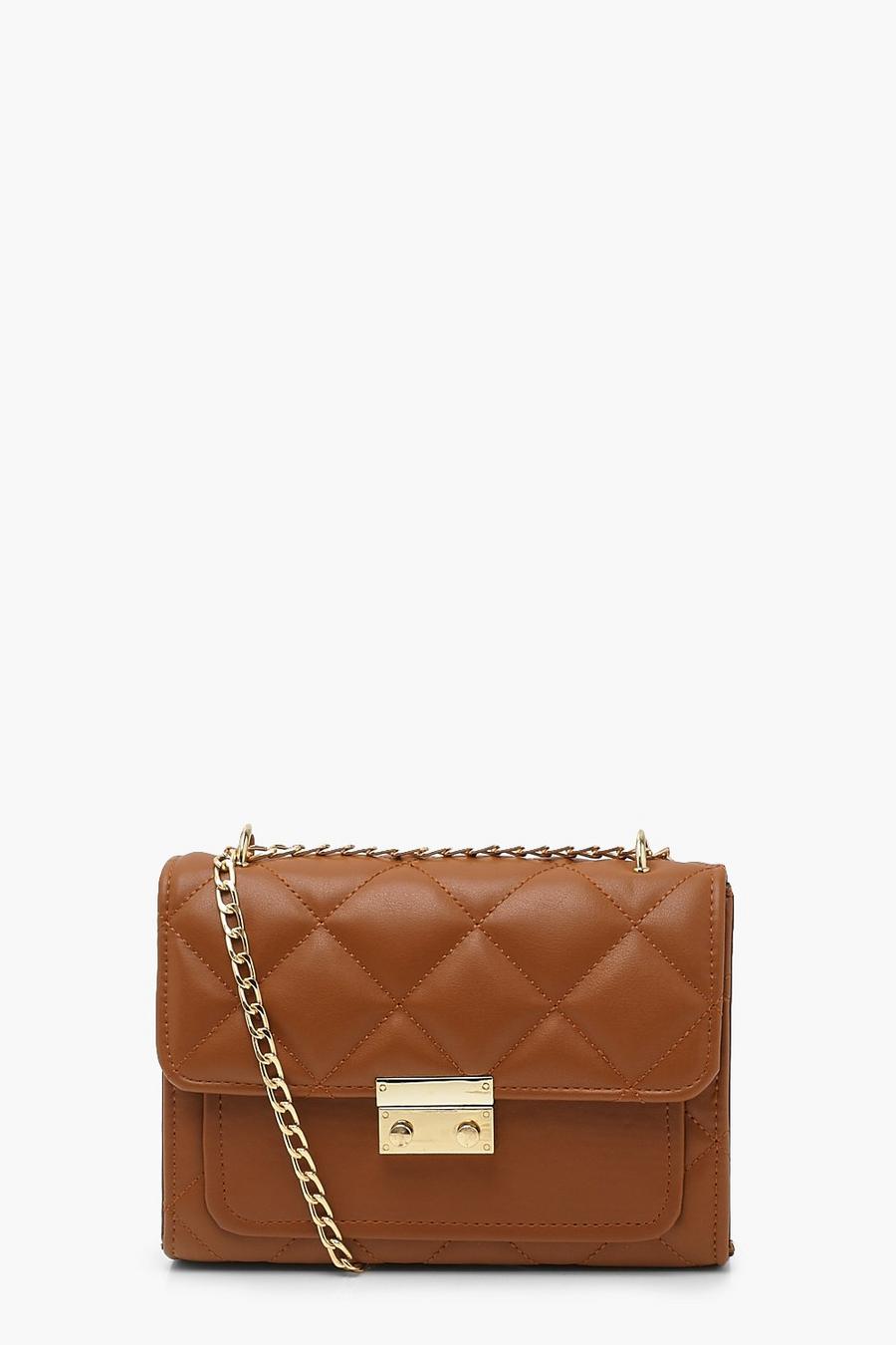 Tan Quilted Chain Strap Cross Body Bag image number 1