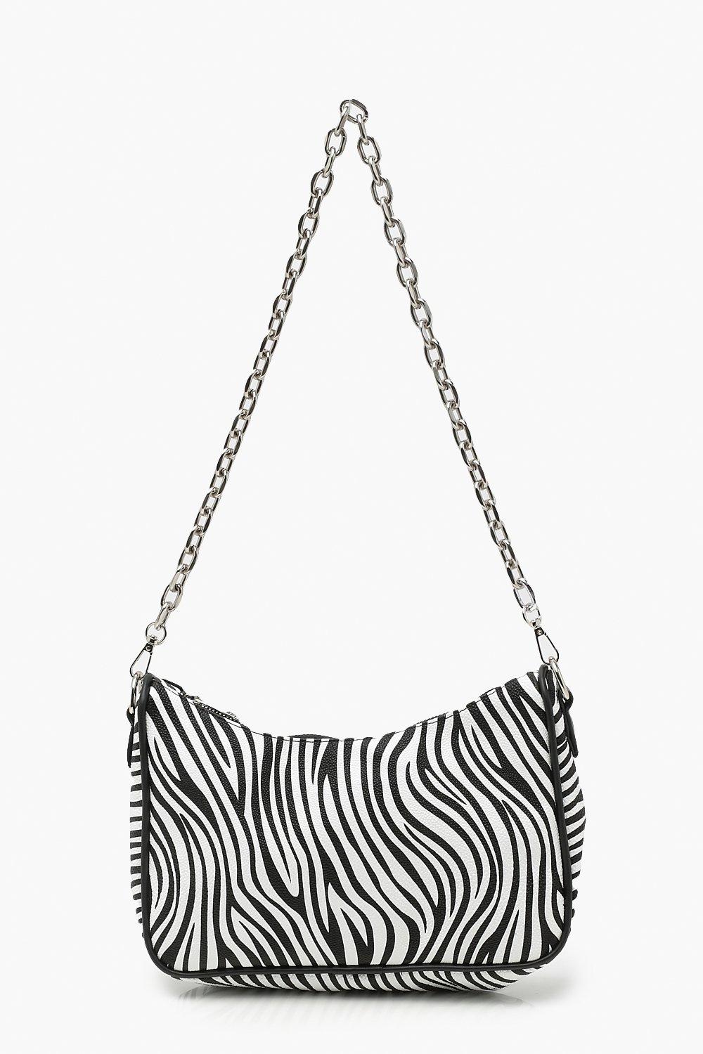 Zebra Print Chain Detail Shoulder Bag