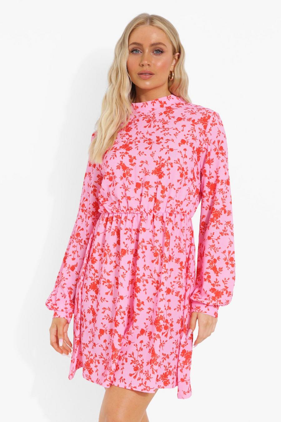 Pink Woven Floral Long Sleeve Skater Dress image number 1