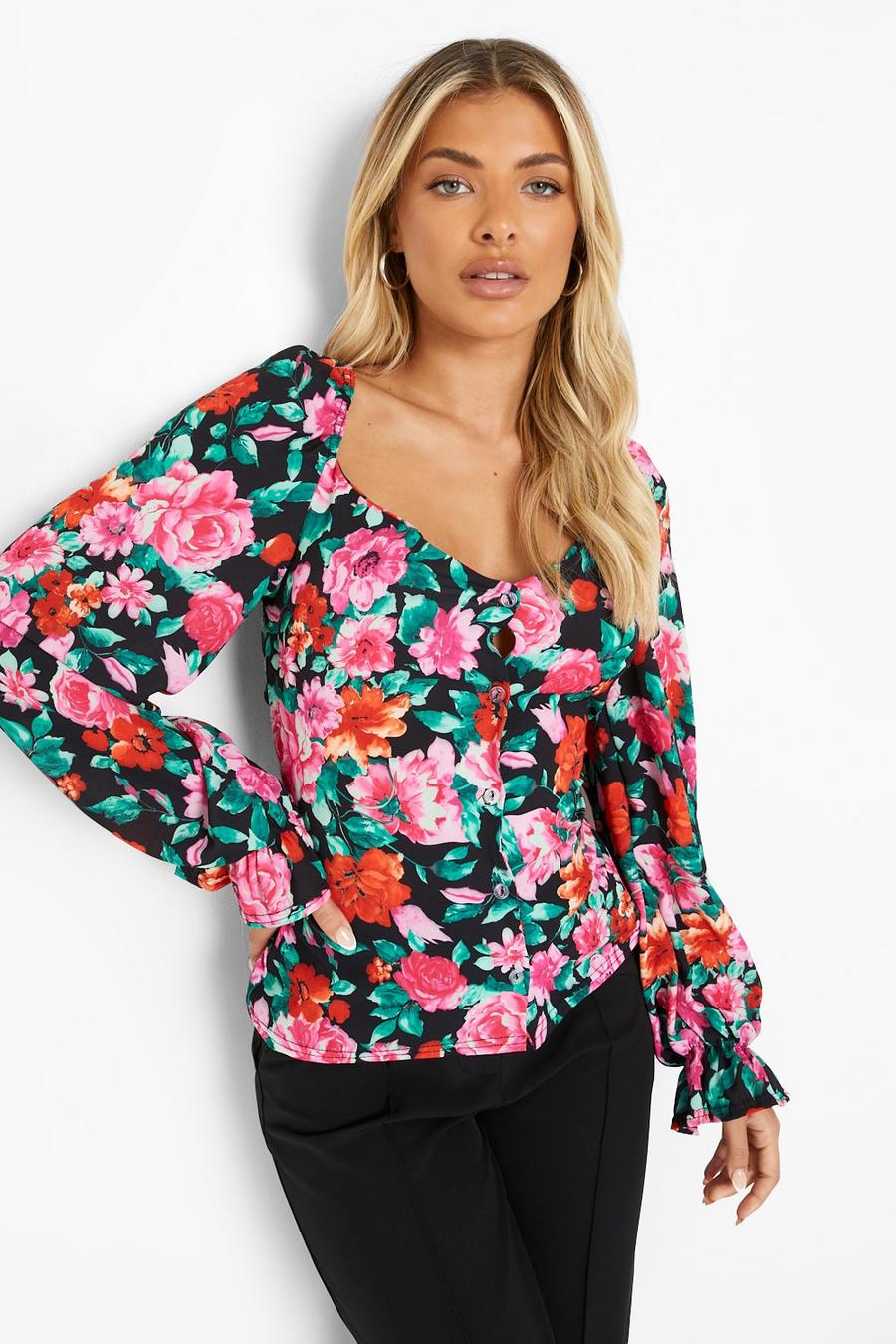Pink Woven Floral Puff Sleeve Blouse image number 1