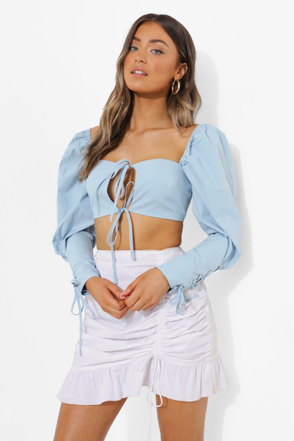 Puff Sleeve Tie Detail Crop Top