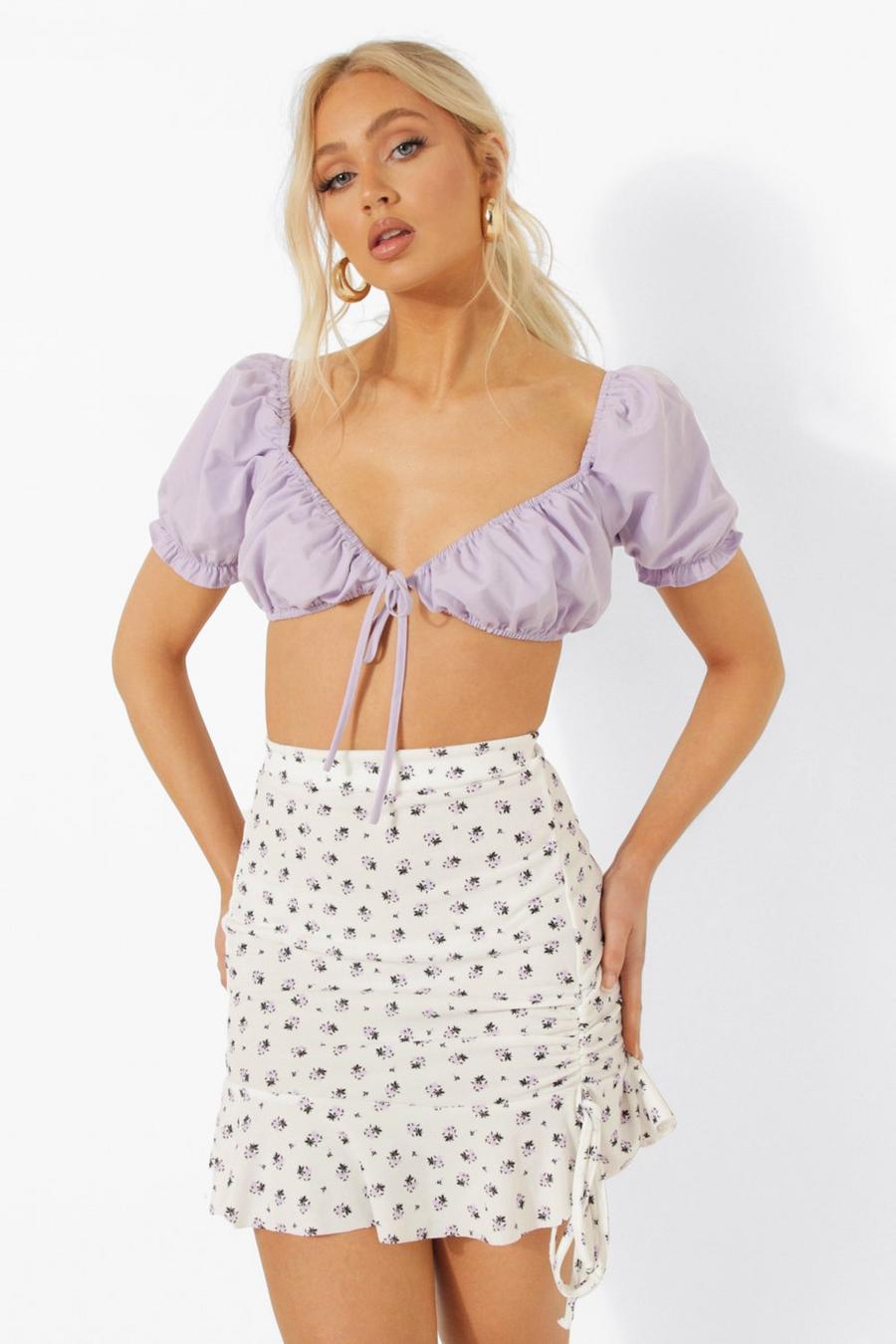 Cream white Ditsy Floral Ruched Ruffle Mini Skirt